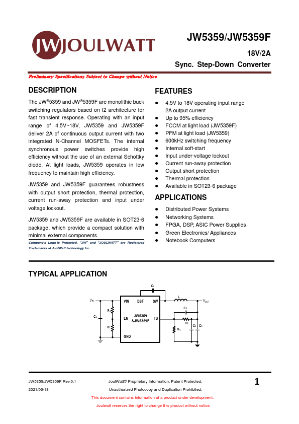 JW5359F 18V/2A Sync. Step-Down Converter by JoulWatt - Datasheet Preview