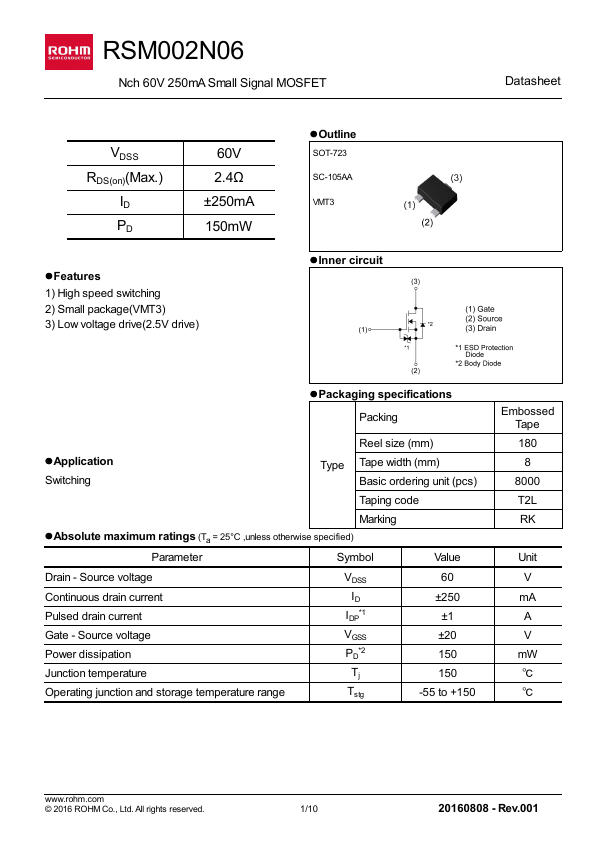 RSM002N06 Nch 60V 250mA Small Signal MOSFET by Rohm - Datasheet Preview