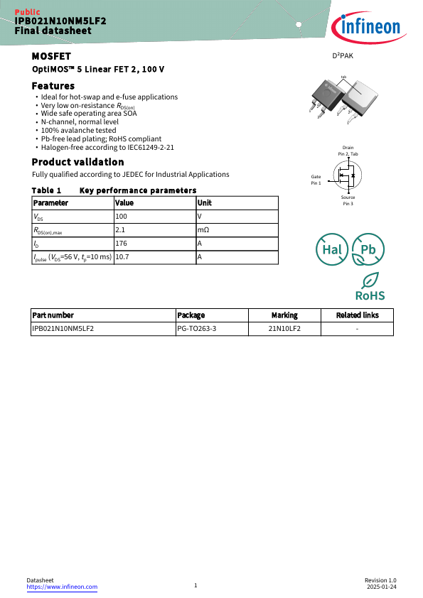 IPB021N10NM5LF2 Datasheet Preview