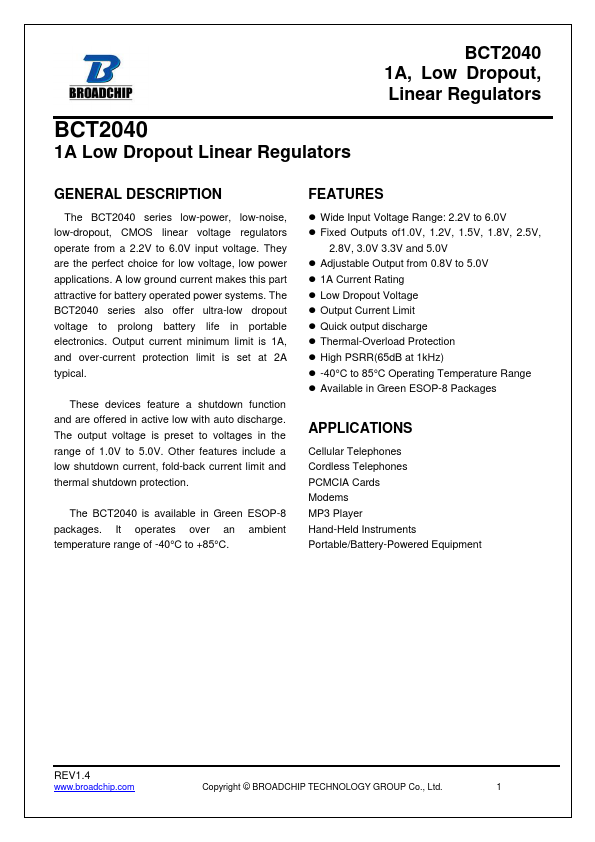 BCT2040 1A Linear Regulators by BROADCHIP - Datasheet Preview