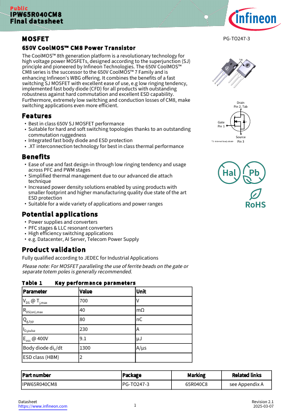 IPW65R040CM8 Datasheet Preview