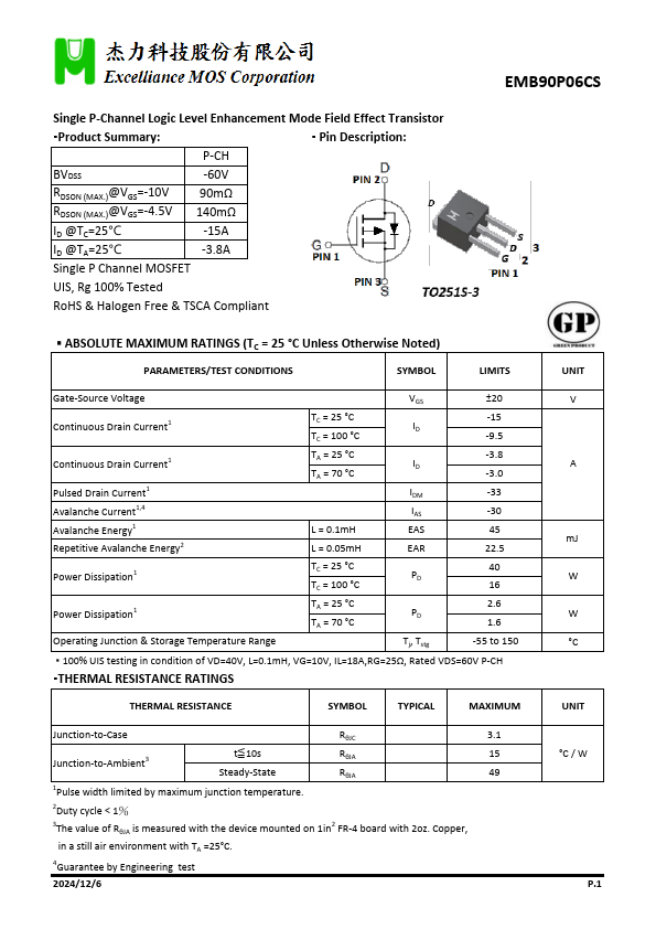 EMB90P06CS P-Channel Logic Level Enhancement Mode Field Effect Transistor by Excelliance MOS - Datasheet Preview