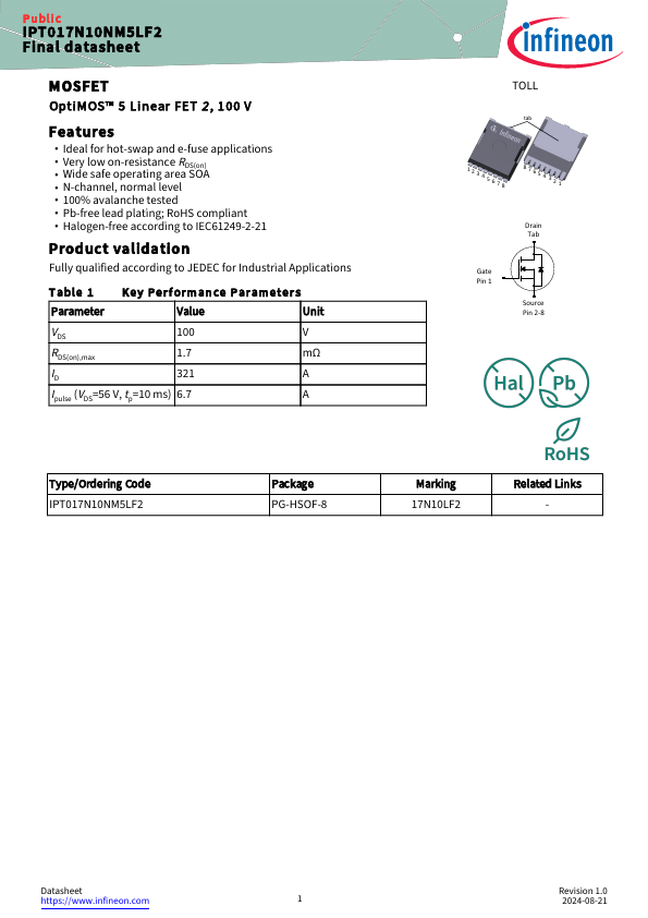 IPT017N10NM5LF2 Datasheet Preview