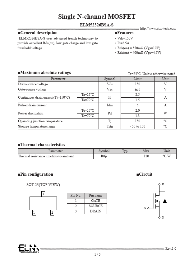 ELM52326BSA-S Single N-channel MOSFET by ELM - Datasheet Preview