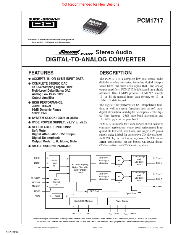 PCM1717 Stereo Audio DIGITAL-TO-ANALOG CONVERTER by Burr-Brown - Datasheet Preview