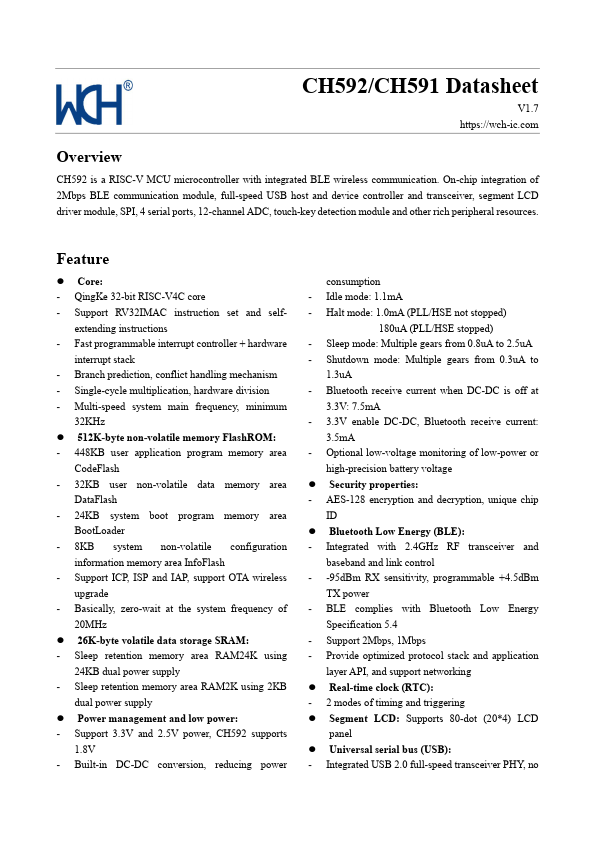 CH592 RISC-V MCU microcontroller by WCH - Datasheet Preview