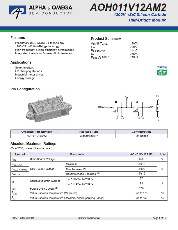 AOH011V12AM2 1200V Silicon Carbide Half-Bridge Module by Alpha & Omega Semiconductors - Datasheet Preview