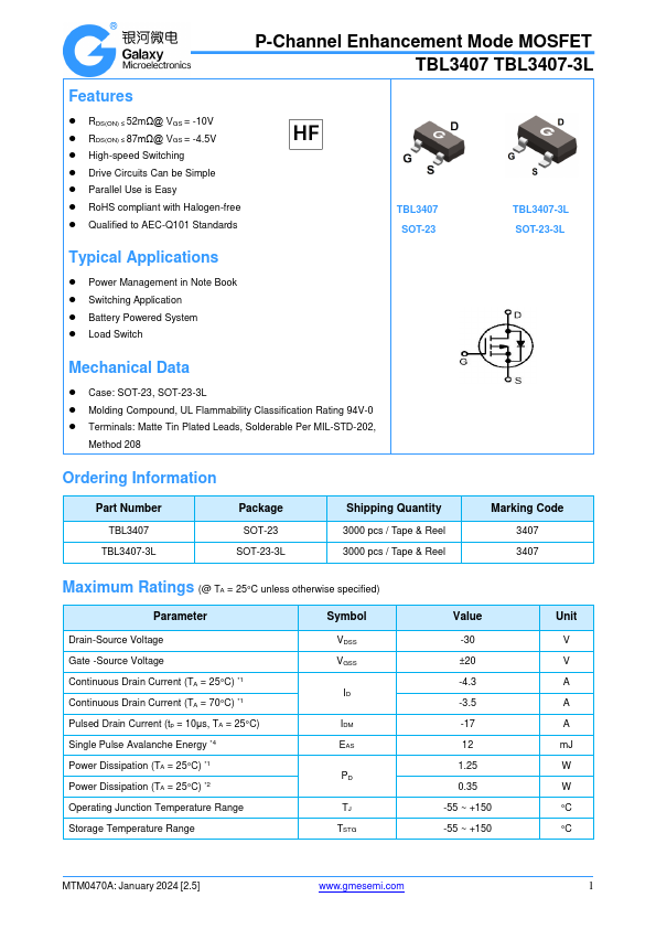 TBL3407 P-Channel Enhancement Mode MOSFET by GME - Datasheet Preview