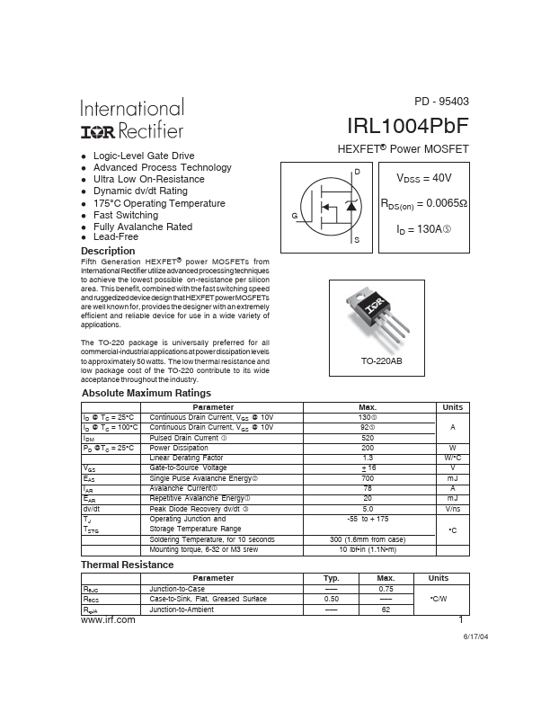IRL1004 Power MOSFET by International Rectifier - Datasheet Preview
