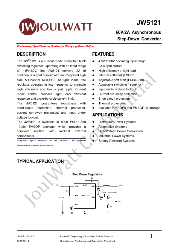 JW5121 60V/2A Asynchronous Step-Down Converter by JoulWatt - Datasheet Preview