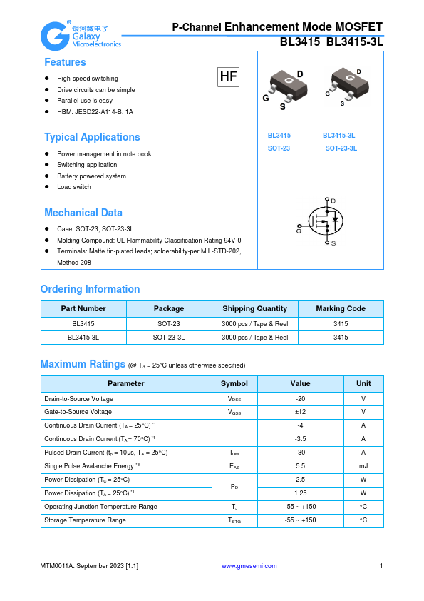 BL3415-3L P-Channel Enhancement Mode MOSFET by GME - Datasheet Preview