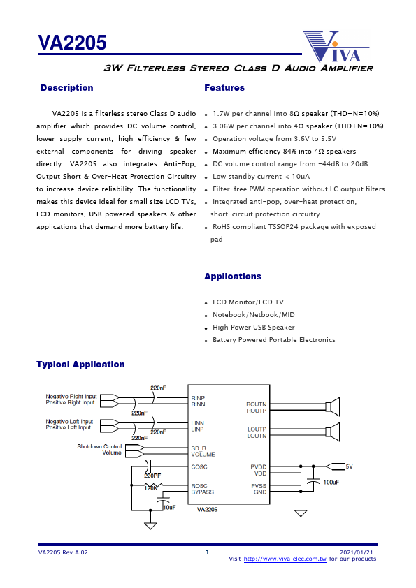 VA2205 3W Filterless Stereo Class D Audio Amplifier by Viva Electronics - Datasheet Preview