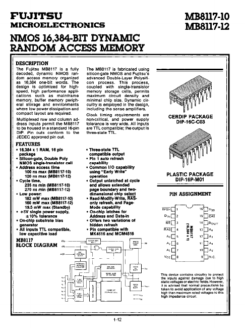 MB8117-10 NMOS Dynamic Random Access Memory by Fujitsu - Datasheet Preview