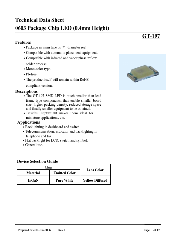 GT-197 Chip LED by Everlight - Datasheet Preview