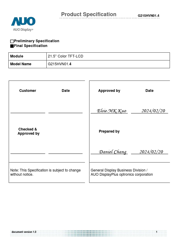G215HVN01.4 Datasheet Preview