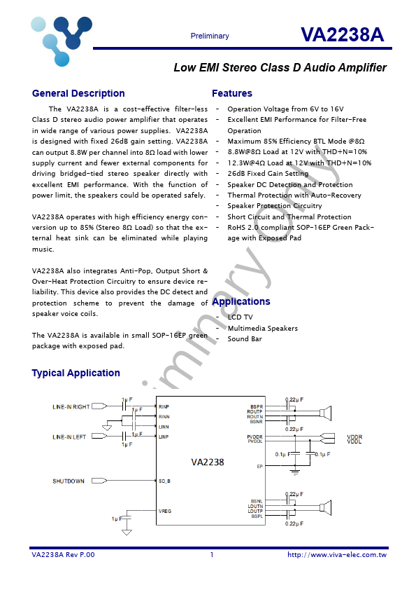 VA2238A Low EMI Stereo Class D Audio Amplifier by Viva Electronics - Datasheet Preview