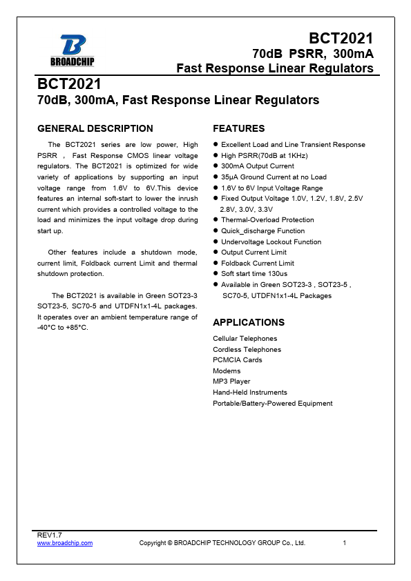 BCT2021 70dB PSRR 300mA Fast Response Linear Regulators by BROADCHIP - Datasheet Preview