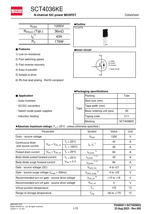 SCT4036KE N-channel SiC power MOSFET by ROHM - Datasheet Preview