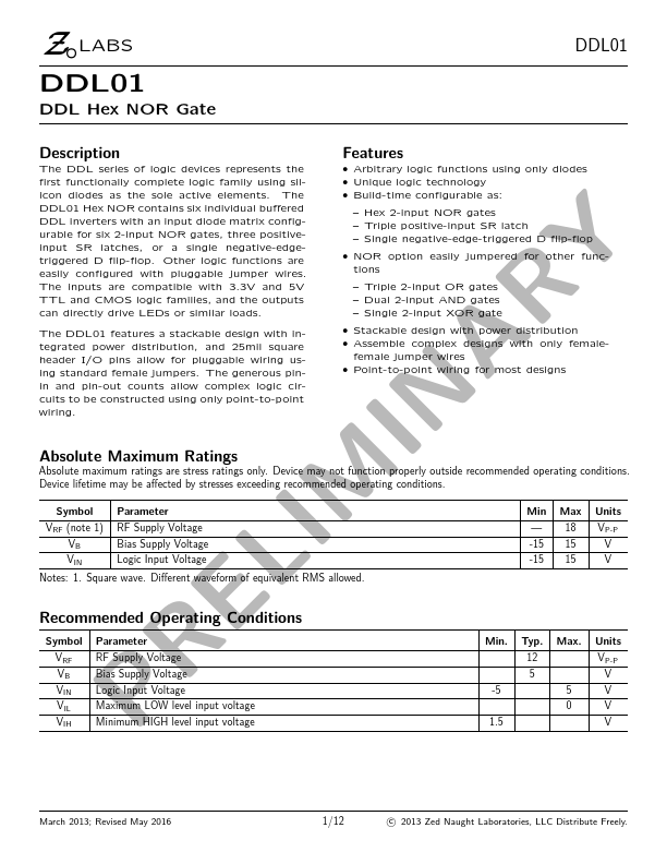 DDL01 DDL Hex NOR Gate by Zed Naught Laboratories - Datasheet Preview