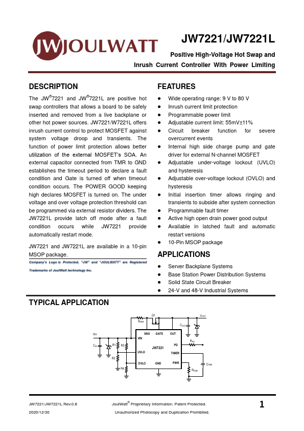 JW7221L Positive High-Voltage Hot Swap and Inrush Current Controller by JoulWatt - Datasheet Preview