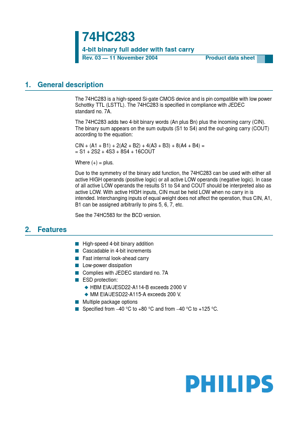 74HC283 4-bit binary full adder by Philips - Datasheet Preview