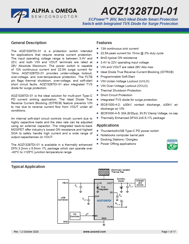 AOZ13287DI-01 20V Diode Smart Protection by Alpha & Omega Semiconductors - Datasheet Preview