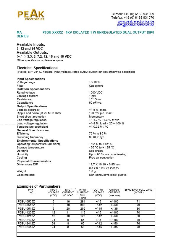 P6BU-1212Z DC/DC converters by PEAK electronics - Datasheet Preview
