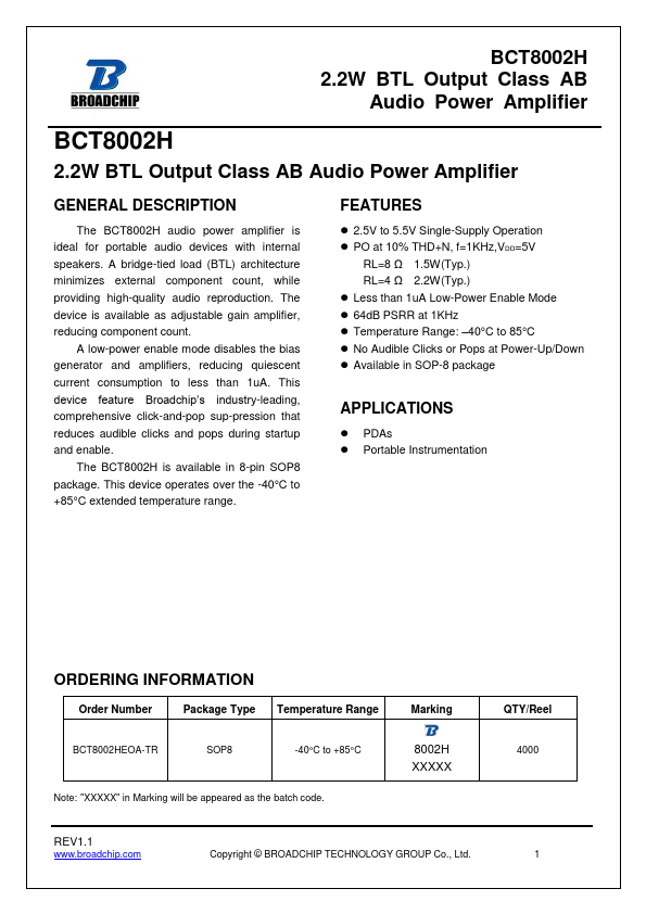 BCT8002H 2.2W BTL Output Class AB Audio Power Amplifier by BROADCHIP - Datasheet Preview