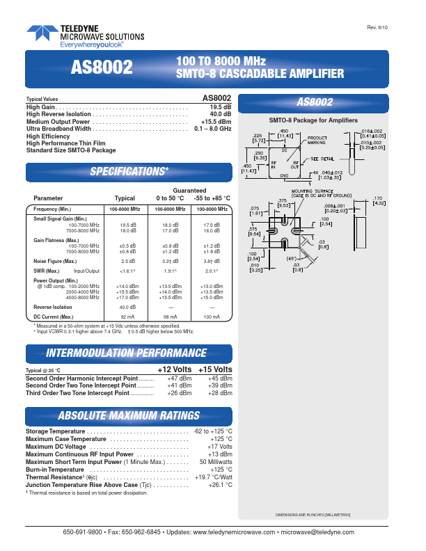 AS8002 SMTO-8 CASCADABLE AMPLIFIER by TELEDYNE - Datasheet Preview