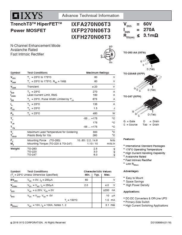 IXFA270N06T3 Datasheet Preview