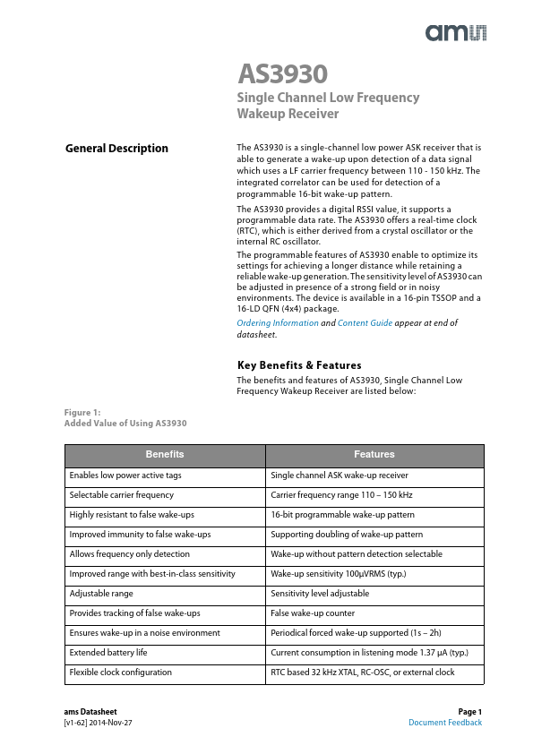 AS3930 Single Channel Low Frequency Wakeup Receiver by ams - Datasheet Preview
