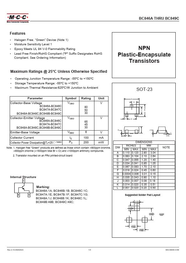 BC846B NPN Transistors by MCC - Datasheet Preview