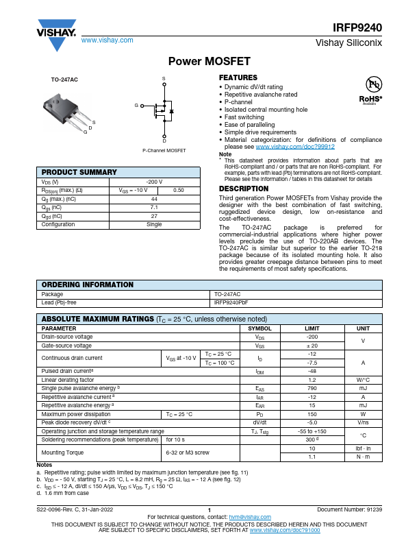 IRFP9240 Datasheet Preview