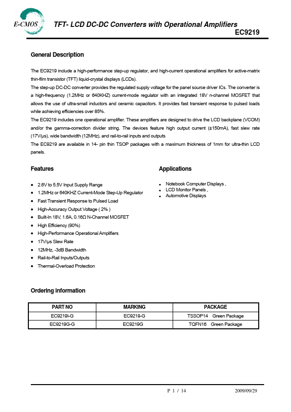 EC9219 TFT-LCD DC-DC Converters by E-CMOS - Datasheet Preview