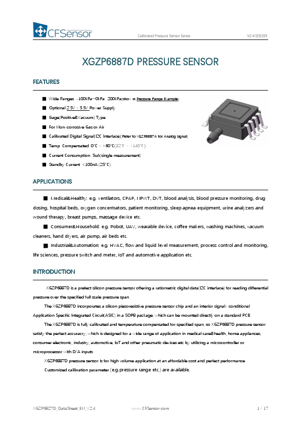 XGZP6887D Calibrated Pressure Sensor by CFSensor - Datasheet Preview