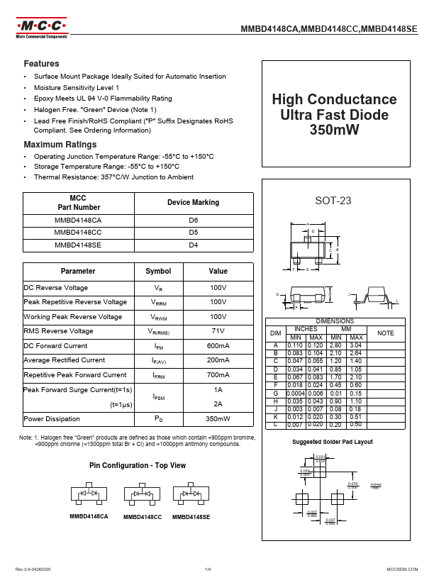 MMBD4148CA 350mW High Conductance Ultra Fast Diode by MCC - Datasheet Preview