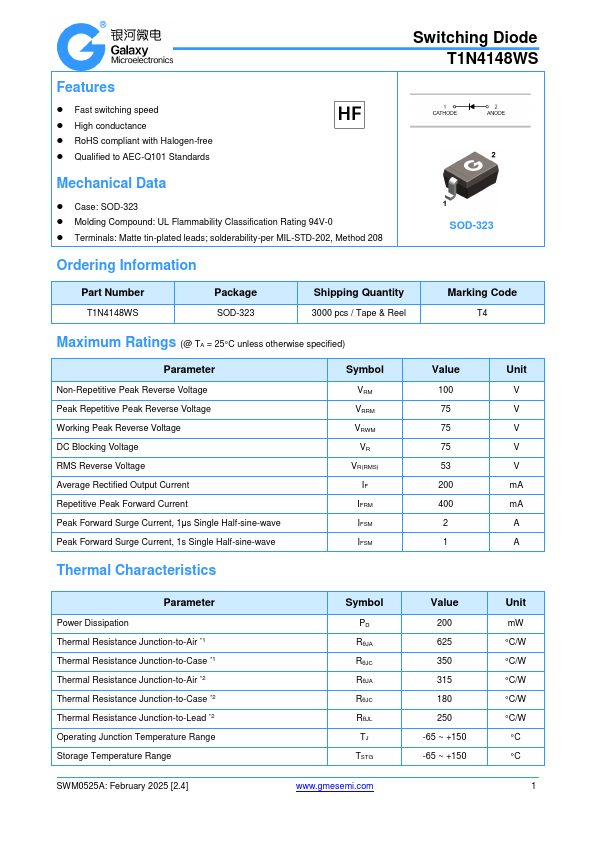 T1N4148WS Switching Diode by GME - Datasheet Preview