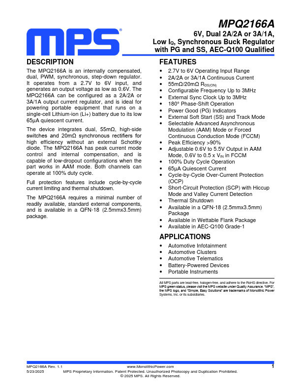MPQ2166A Synchronous Buck Regulator by MPS - Datasheet Preview
