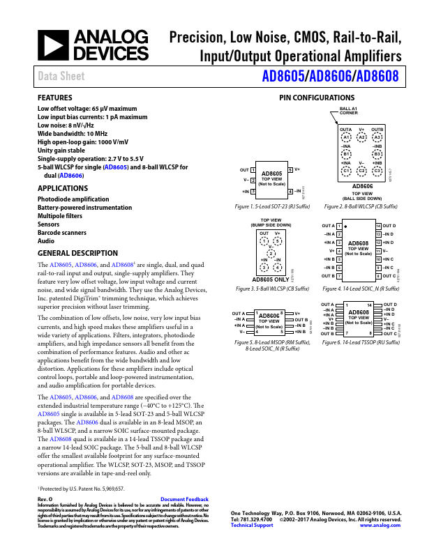 AD8605 Input/Output Operational Amplifiers by Analog Devices - Datasheet Preview