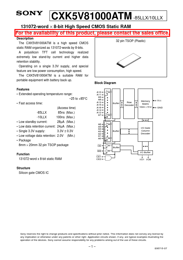 CXK5V81000ATM-10LLX