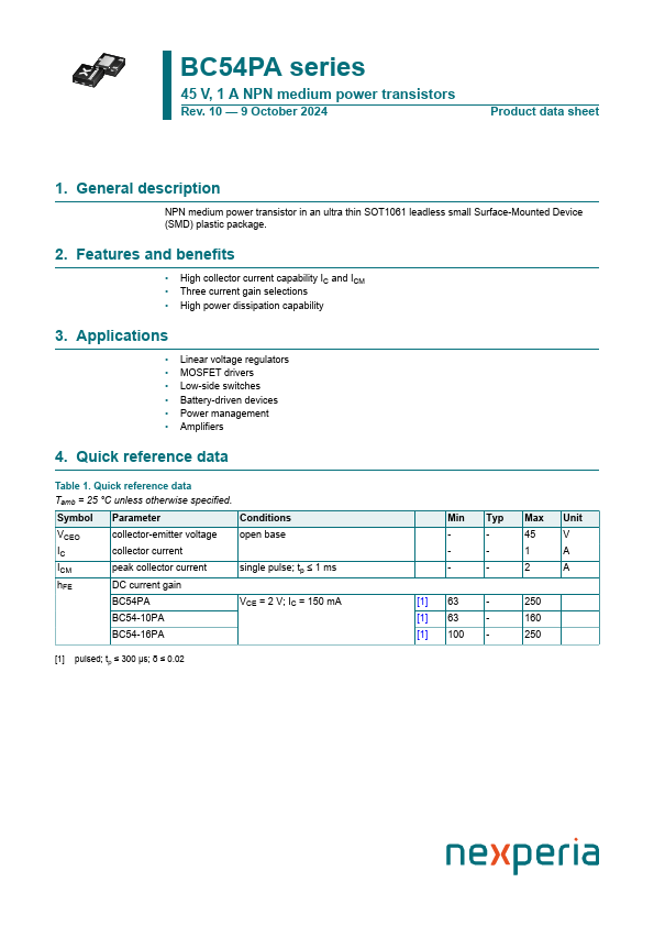 BC54PA 1A NPN medium power transistors by nexperia - Datasheet Preview
