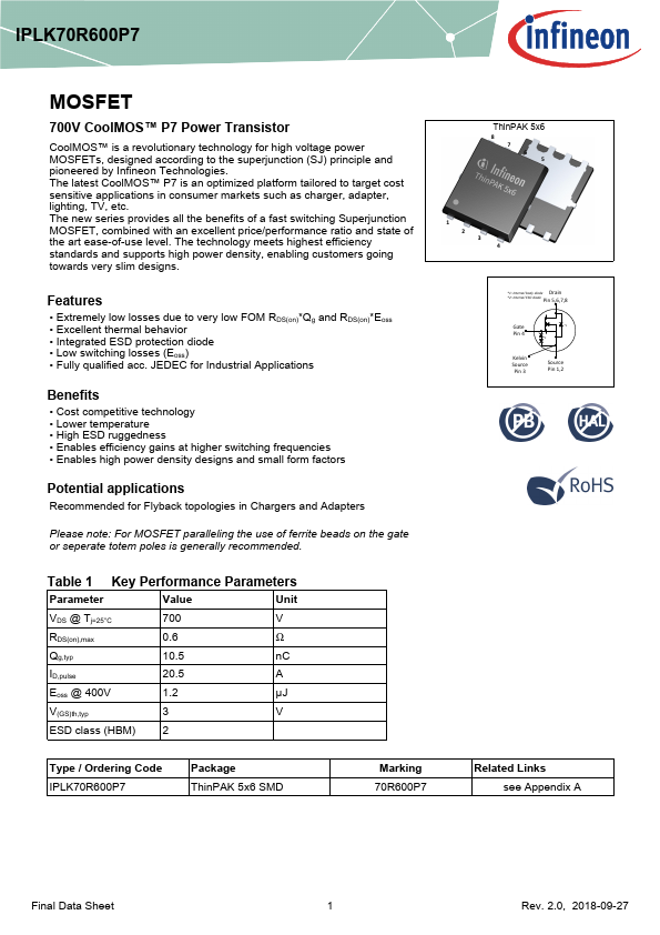 IPLK70R600P7 Datasheet Preview