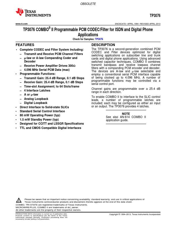 TP3076 Datasheet Preview