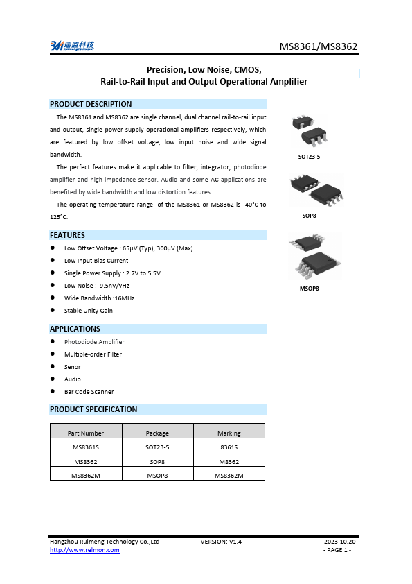MS8561 Rail-to-rail input/output operational amplifier by Ruimeng - Datasheet Preview