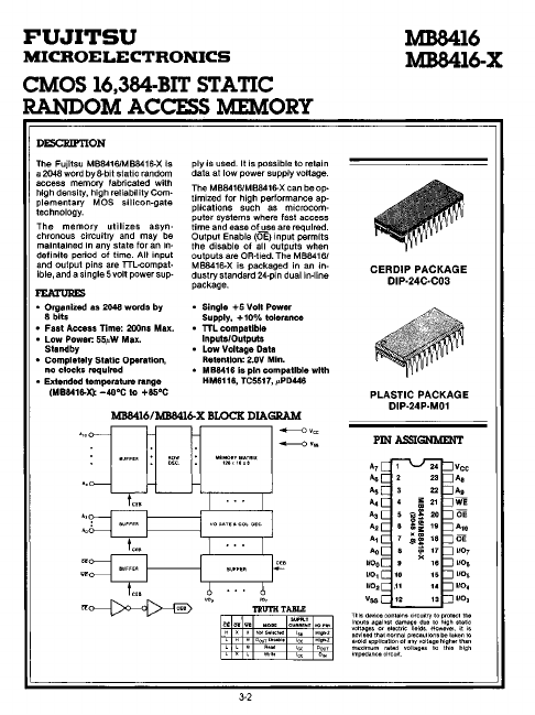 MB8416-X CMOS STATIC RANDOM ACCESS MEMORY by Fujitsu - Datasheet Preview