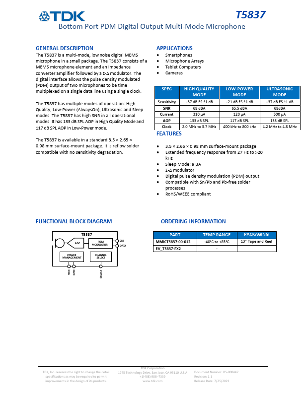 T5837 Bottom Port PDM Digital Output Multi-Mode Microphone by TDK - Datasheet Preview