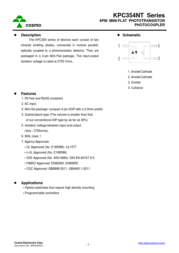 KPC354NT0B 4PIN MINI-FLAT PHOTOTRANSISTOR PHOTOCOUPLER by Cosmo - Datasheet Preview