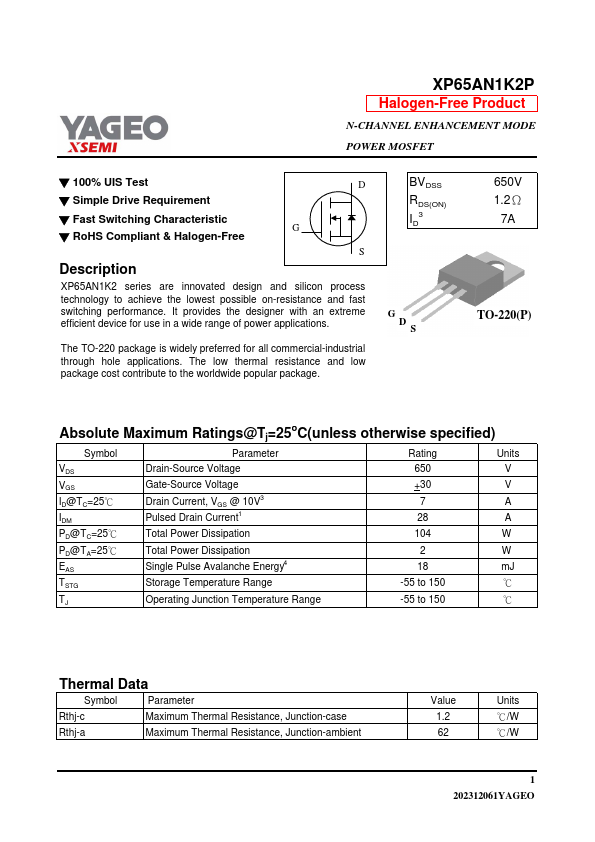 XP65AN1K2P Datasheet Preview