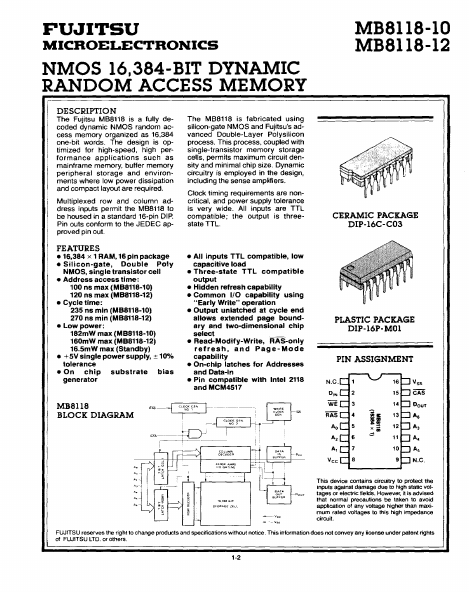 MB8118-10 NMOS DYNAMIC RANDOM ACCESS MEMORY by Fujitsu - Datasheet Preview