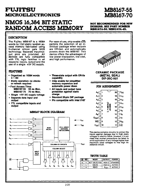 MB8167-55 NMOS STATIC RANDOM ACCESS MEMORY by Fujitsu - Datasheet Preview